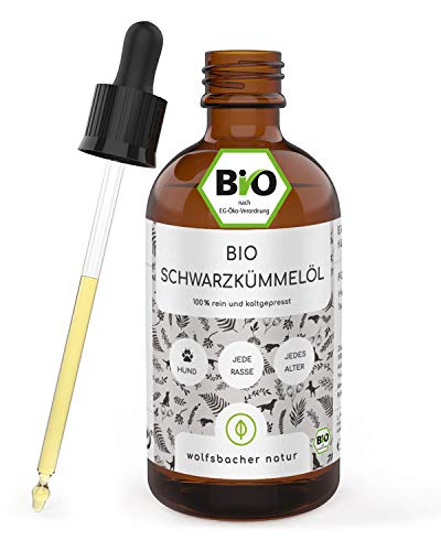 Bio Schwarzkümmelöl für Hunde 100ml - kaltgepresst 100% biologischer Anbau, in Glasflasche mit Glaspipette - pures ägyptisches Schwarzkümmelöl (Nigell Sativa) DE-ÖKO-060 von Wolfsbacher