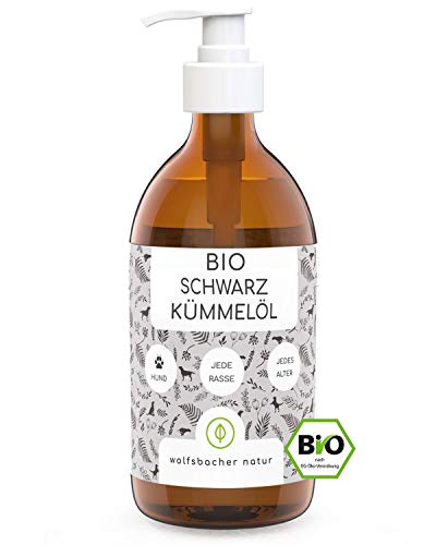 Bio Schwarzkümmelöl für Hunde 500ml, kaltgepresst aus kontrolliert biologischem Anbau DE-ÖKO-060, mit praktischem Dosierer von Wolfsbacher