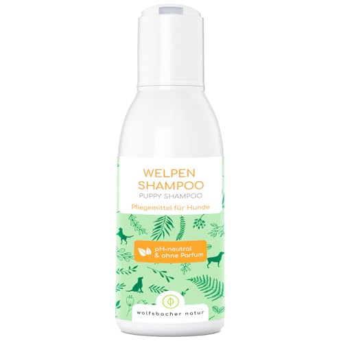 Welpenshampoo sensitiv - Für kurzhaar und langhaar - pH-Neutral ohne Parfum 100% pflanzliche Wirkstoffe - Bei Schuppen, Juckreiz und Milben, 100ml Sensitiv Hundeshampoo für Welpen von Wolfsbacher