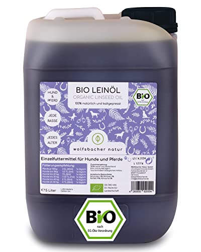 Wolfsbacher Bio Leinöl für Hunde und Katzen mit Omega 3 & 6, 5 Liter kaltgepresst 100% Bio aus Deutschland - Als Futteröl, Barf Öl, DE-ÖKO-060 von Wolfsbacher