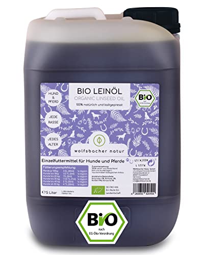 Wolfsbacher Natur Bio Leinöl – Hochwertiges Leinöl für Hunde, Katzen und Pferde, kaltgepresst aus Deutschland, DE-ÖKO-060, Leinöl 5l von Wolfsbacher