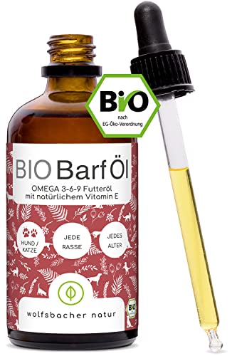 Bio Barf Futteröl für Hunde und Katzen, 100ml kaltgepresst aus | Hanföl, Leinöl, Nachtkerzenöl, Chiaöl, Kürbiskernöl, Olivenöl | Bio aus Deutschland - reich an Vitamin-E, Barf Öl, DE-ÖKO-060 von Wolfsbacher