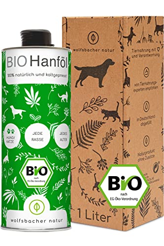 Wolfsbacher Bio Hanföl für Hunde 1 Liter mit Omega 3 & 6 I kaltgepresst 100% Bio aus Deutschland - Als Futteröl, Barf Öl, DE-ÖKO-060 von Wolfsbacher