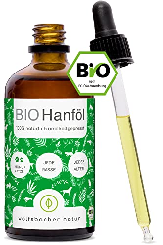 Bio Hanföl für Hunde und Katzen 50ml I 100% Natürlich und Kaltgepresst - Unterstützung für Fell & Haut durch Omega 3-6-9, Beruhigungsmittel für Hunde - DE-ÖKO-060 von Wolfsbacher