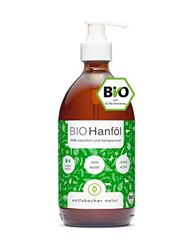 Wolfsbacher Bio Hanföl für Hunde und Katzen 500ml I Mit Omega 3 & 6, kaltgepresst 100% Bio aus Deutschland - Als Futteröl, Barf Öl, DE-ÖKO-060 von Wolfsbacher