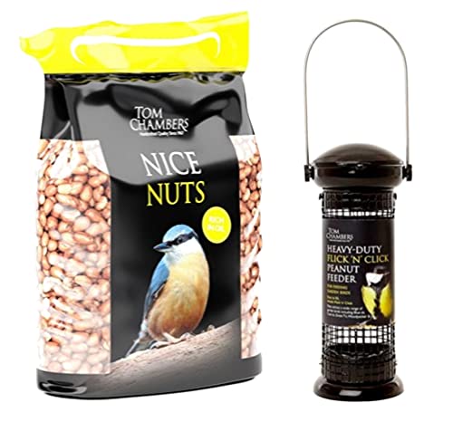 Tom Chambers Nice Nuts (1 kg) & Tom Chambers Flick 'n' Click Erdnuss-Futterspender von Wolvercroft Garden Centre