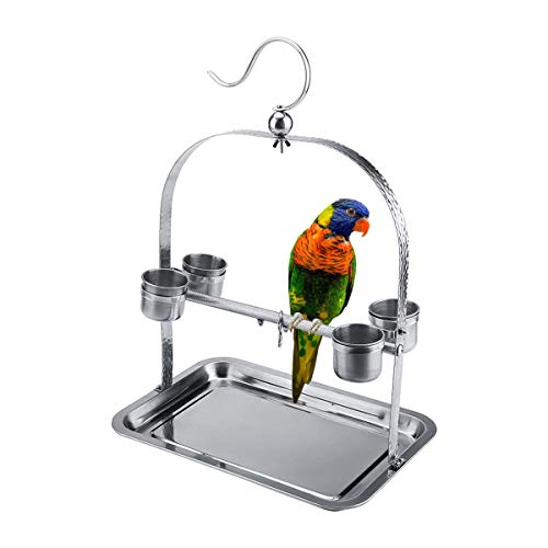 Vogel-Tischstange aus Edelstahl mit Tassen und Tablett für Wellensittiche, Nymphensittiche, Design A von Wontee