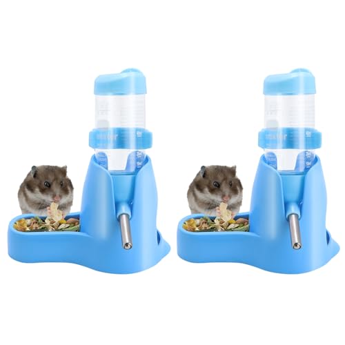 Wontee 3-in-1 Hamster-Wasserflasche für kleine Haustiere, automatischer Wasserspender mit Futterbehälter, Unterschlupf für Zwerghamster, Mäuse, Rennmäuse, 2 Stück (Blau, 80 ml) von Wontee