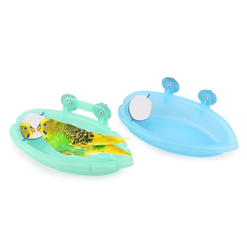 Wontee Vogeltränke mit Spiegel, tragbar, Papagei, hängend, Badezimmer, Badewanne für kleine Vögel, Reinigungszubehör (Blau (A) + Grün) von Wontee