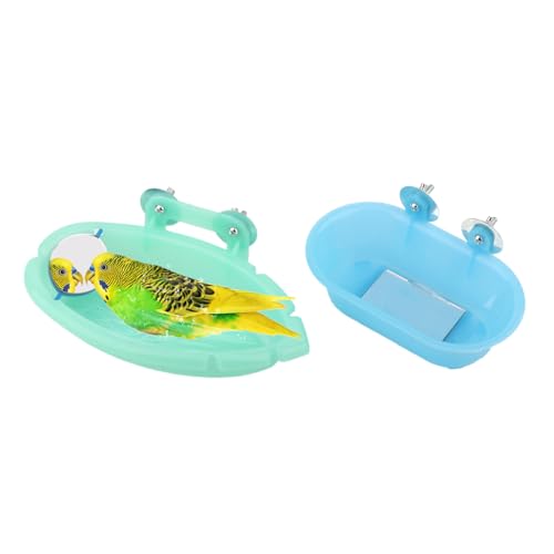 Wontee Vogeltränke mit Spiegel, tragbar, Papagei, hängend, Badezimmer, Badewanne für kleine Vögel, Reinigungszubehör (Blau (B) + Grün) von Wontee
