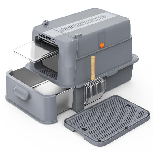 Wooaidagg Katzentoilette aus Edelstahl mit Geruchskontrolle, modulares Design mit Schublade, leicht zu reinigen mit Schaufel, Größe XL, passend für alle Katzen (Dunkelgrau) von Wooaidagg