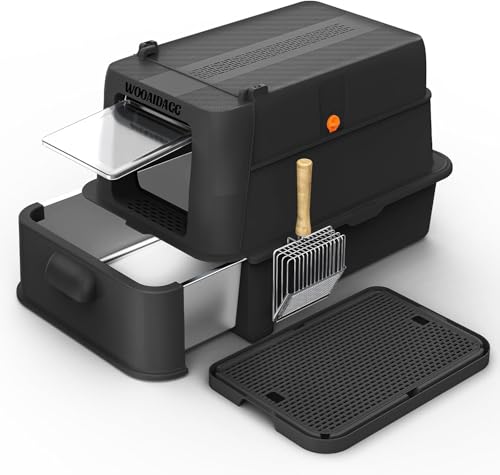 Wooaidagg Katzentoilette aus Edelstahl mit Geruchskontrolle, modulares Design mit Schublade, leicht zu reinigen mit Schaufel, Größe XL, passend für alle Katzen (Schwarz) von Wooaidagg