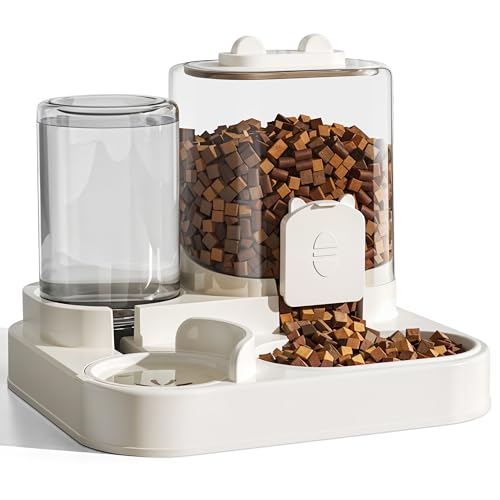 Wood Homing 2-in-1 Automatischer Katzenfutterspender - Schwerkraftfutterspender Bewässerungsset für Katzen Hunde Sichtbare Nass- und Trockenfutter Futterstation mit Wasserfilter für kleine und von Wood Homing