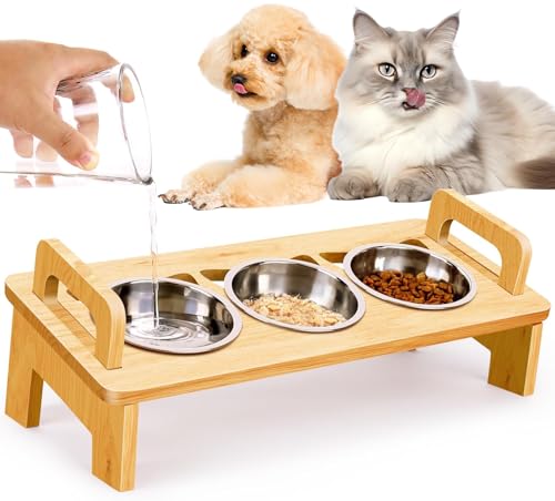Bambus Katzenfutter Schüssel für Innen, 3 Edelstahl Erhöhte Katzennäpfe mit Ständer, 15°geneigte Katzen Schüssel für kleine Hunde, Katzen Futter und Wasser Schüssel Set, Anti Erbrechen, Schnurrhaare Bambus Katzenfutter Schüssel für Innen, 3 Edelstahl Erhöhte Katzennäpfe mit Ständer, 15°geneigte Katzen Schüssel für kleine Hunde, Katzen Futter und Wasser Schüssel Set, Anti Erbrechen, Schnurrhaare von Woodever