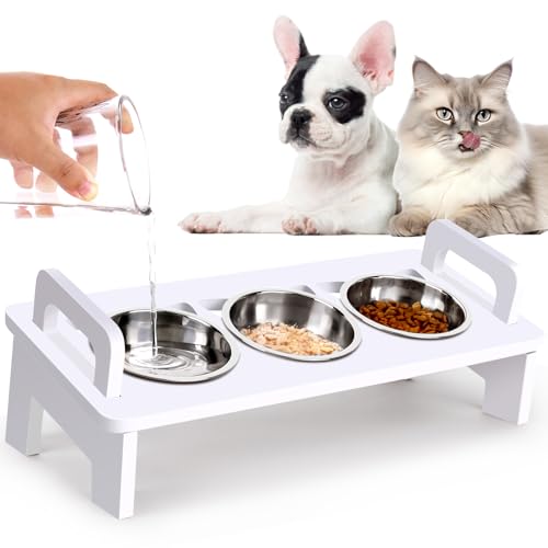 Erhöhter Katzenfutternapf, 3 Edelstahl-Katzennäpfe mit Ständer, 15° geneigter Katzennapf für Indoor-Katzen, Katzenfutter- und Wassernapf-Set, Anti-Erbrechen, Schnurrhaar, Müdigkeit und von Woodever