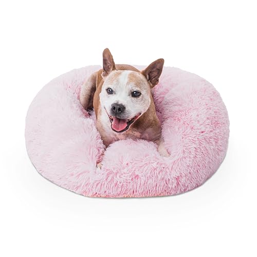 Woof & Whiskers Donut-Hundebett, 60 cm, Donut-Bett, beruhigend, mittelgroß, rund, Plüsch, Donut-Kuschelbett mit rutschfester Unterseite, Anti-Angst-Eigenschaften, maschinenwaschbar (Rosa, 60 cm) von Woof & Whiskers