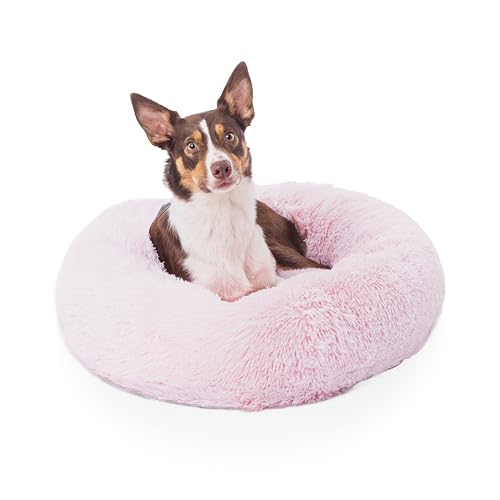 Woof & Whiskers Donut-Hundebett, Donut-Bett, beruhigendes Katzenbett, rund, Plüsch, Donut-Kuschelbett mit rutschfester Unterseite, Anti-Angst-Eigenschaften, maschinenwaschbar (Rosa, 70 cm) von Woof & Whiskers