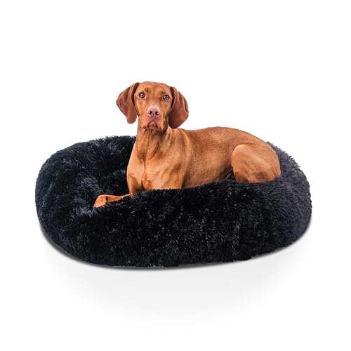 Woof & Whiskers Großes Donut-Hundebett, 80 cm, beruhigendes Hundebett, rund, Plüsch-Donut-Bett mit rutschfester Unterseite, Anti-Angst-Eigenschaften, maschinenwaschbar (Schwarz, 80 cm) von Woof & Whiskers