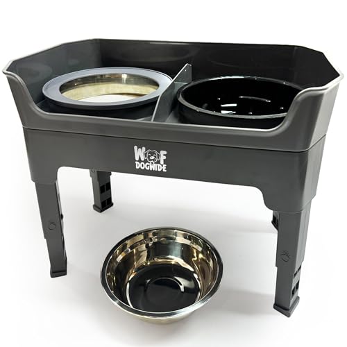 WoofDogWide Hundenapf erhöht, Hundenapf, Futternapf Hund, 2 Edelstahlnäpfe von 1600ml, Antischlingnapf Hunde, Auslaufsicher, Fressnapf, höhenverstellbar Futternapf Hund (Grau) von WoofDogWide