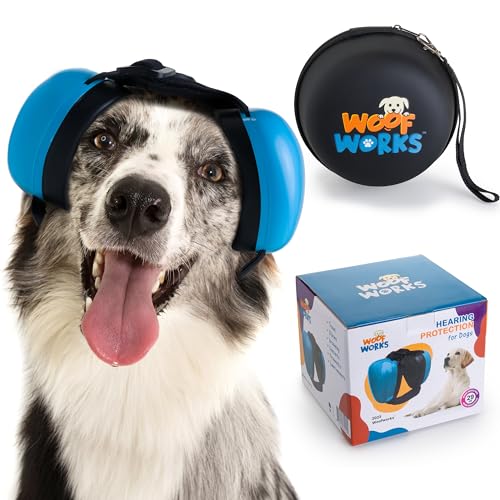 Woof Works Hunde-Ohrenschützer für Lärm-Gehörschutz, weiche verstellbare Passform mit Nackenschutz, gebogene Pads für optimale Abdeckung, reduzieren Stress und Angst durch laute Geräusche, Reiseetui von WoofWorks