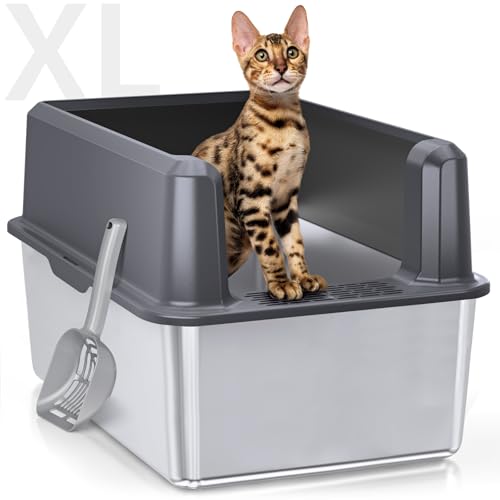 Edelstahl-Katzentoilette mit Deckel, 35,6 cm, XL-Katzentoilette, extra große Metall-Katzentoilette, antihaftbeschichtet, auslaufsicher, einfache Reinigung, inklusive Schaufel (grau) von WoofiGo