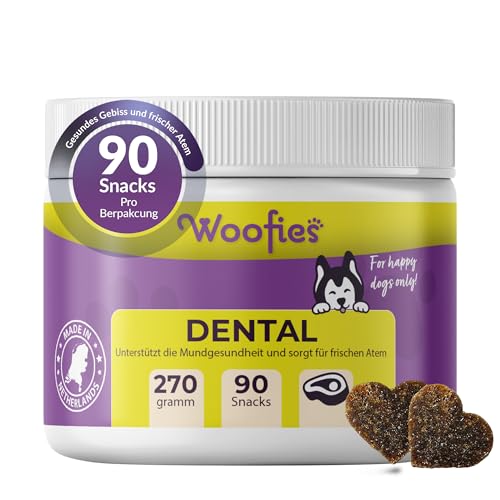 Woofies Zahnpflege Hunde Leckerli – Mit Pfefferminze gegen Mundgeruch – 100% natürlichen Inhaltstoffen - Gegen Zahnbelag und Zahnstein - Verbessert Immunsystem - 90 Chews (270gr) von Woofies