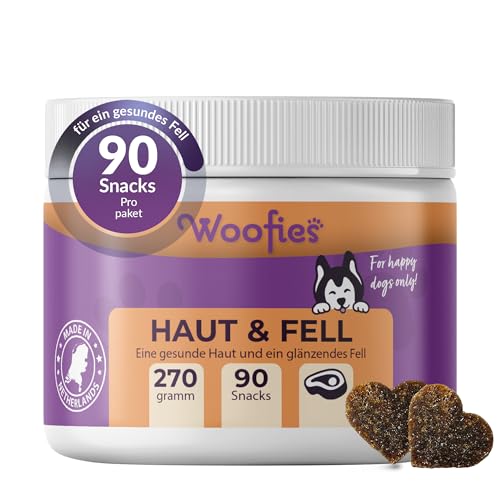 Woofies Fellpflege Leckerlis für Hund gegen Juckreiz - 90 Snacks (270g) - für gesunde Haut & glänzendes Fell - mit Biotin, Zink, Vitamin C, Algenmehl, Auf natürlicher Basis von Woofies