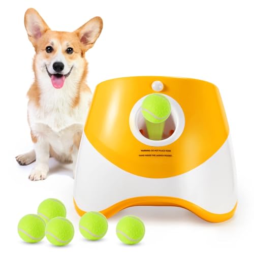 WookYumy Automatischer Hundeballwerfer, Hundeballwerfer mit 3 Startdistanz, 6 Mini-Tennisbälle (5.1 cm) im Lieferumfang enthalten, Orange von WookYumy