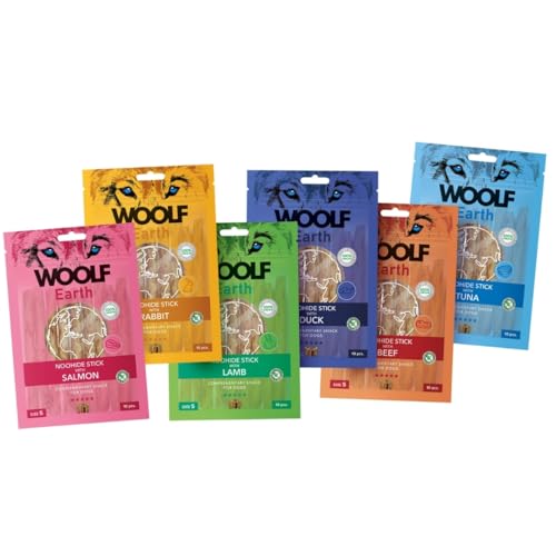 Packung mit 6 x 90 g – Verschiedene natürliche Snacks für Hunde – Dog Treats mit hoher Verdaulichkeit – ohne Rohhaut ohne Getreide – Kollagen für Hunde Gelenke – Omega 3 Haut und Muskeln – Protein von Woolf