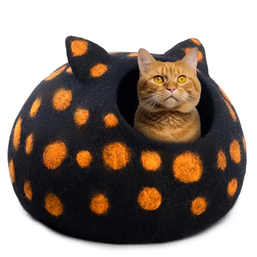 Woolygon Katzenhöhle aus Wolle, handgefertigt, 100 % Merinowolle, umweltfreundliche Katzenhöhle aus Filz für Indoor-Katzen und Kätzchen (schwarz gepunktet) von Woolygon