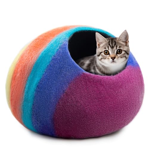 Woolygon - Katzenhöhle aus Wolle, handgefertigt aus 100% Merinowolle, umweltfreundliche Filz-Katzenhöhle für Indoor-Katzen und Kätzchen (Rainbow Twist) von Woolygon
