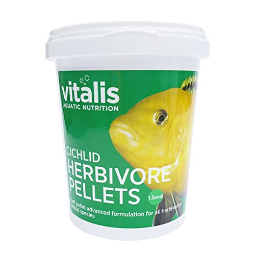 VITALIS CICHLID HERBIVORE PELLETS 1,5mm für pflanzenfressende Cichliden Buntbarsche | Granulat Pellet Fischfutter für Aquarium & Teich | Pellets Cichlidenfutter Fischfutter mit natürlichen Farbverstärkern (260g) von Vitalis Aquatic Nutrition