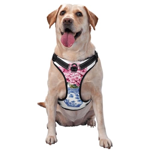 Hundegeschirr, Hortensien in blauer Vase, kein Ziehen, verstellbar, reflektierend, Oxford, einfache Kontrolle, Größe M und L, Rosa von Woshuwo