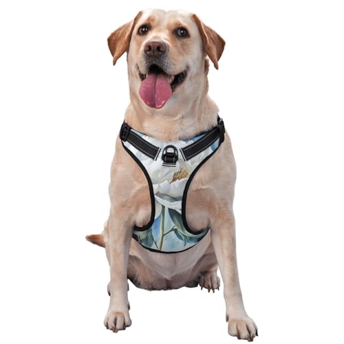 Hundegeschirr, Pfingstrose, kein Ziehen, verstellbar, reflektierend, Oxford, einfache Kontrolle, Größe M, L, Wasserfarben / Weiß von Woshuwo