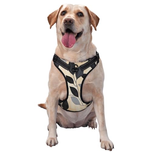 Hundegeschirr, abstrakt, kein Ziehen, verstellbar, reflektierend, Oxford, einfache Kontrolle, Größe M, L, Schwarz mit Blättern auf Beige von Woshuwo