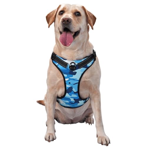 Hundegeschirr, kein Ziehen, verstellbar, reflektierend, Oxford-Gewebe, einfache Kontrolle, Größe M, L, Camouflage-Blau von Woshuwo