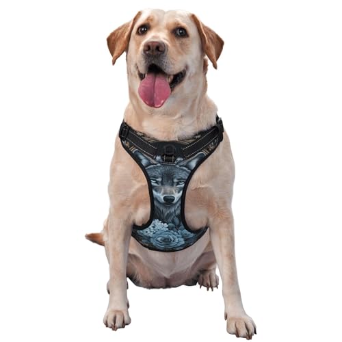 Hundegeschirr Wolf mit blauen Augen, Fantasie, ästhetisch, kein Ziehen, verstellbar, reflektierend, Oxford, einfache Kontrolle, Größe M und L von Woshuwo