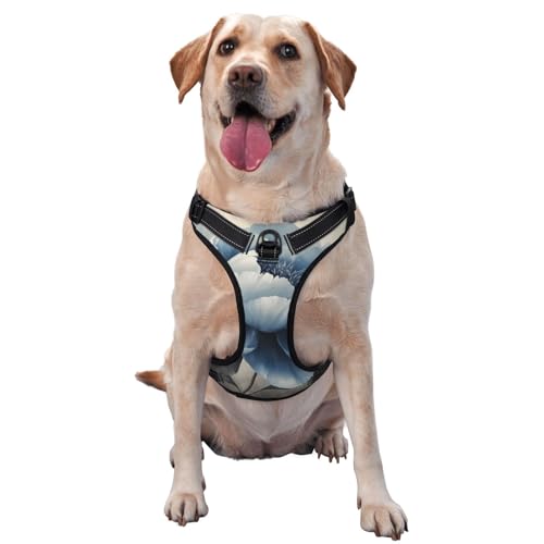 Hundegeschirr mit Pfingstrosen, kein Ziehen, verstellbar, reflektierend, Oxford-Gewebe, einfache Kontrolle, Größe M, L, Blau und Grau von Woshuwo