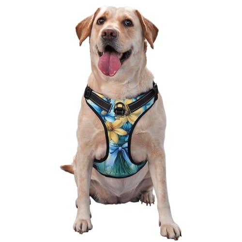 Hundegeschirr mit Schleife, kein Ziehen, verstellbar, reflektierend, Oxford-Gewebe, einfache Kontrolle, Größe M, L, Blau / Gelb von Woshuwo