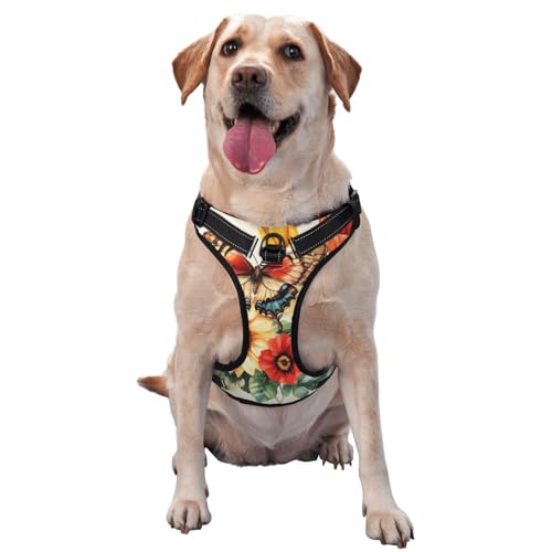 Hundegeschirr mit Schmetterlingen, Sonnenblumen, Tulpen, kein Ziehen, verstellbar, reflektierend, Oxford, einfache Kontrolle, Größe M und L von Woshuwo