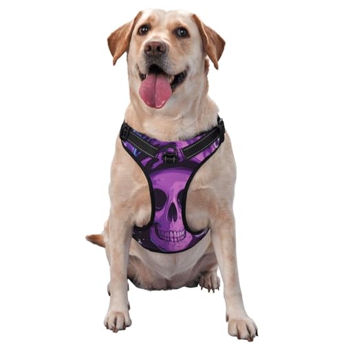 Hundegeschirr mit Totenkopf-Motiv, kein Ziehen, verstellbar, reflektierend, Oxford, einfache Kontrolle, Größe M und L, Violett von Woshuwo