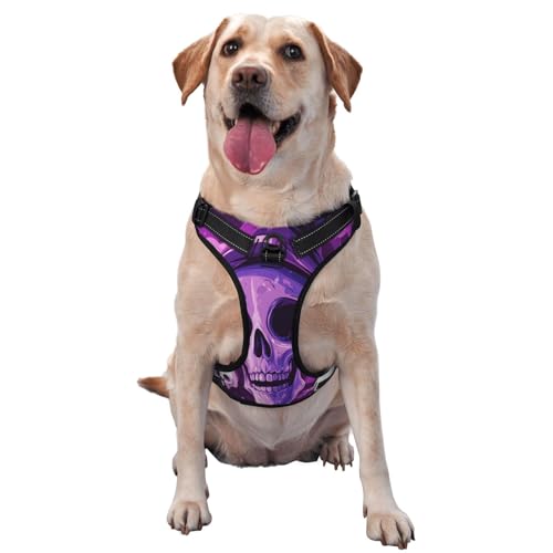 Hundegeschirr mit Totenkopf-Motiv, verstellbar, reflektierend, Oxford, einfache Kontrolle, Größe M, L, Violett von Woshuwo
