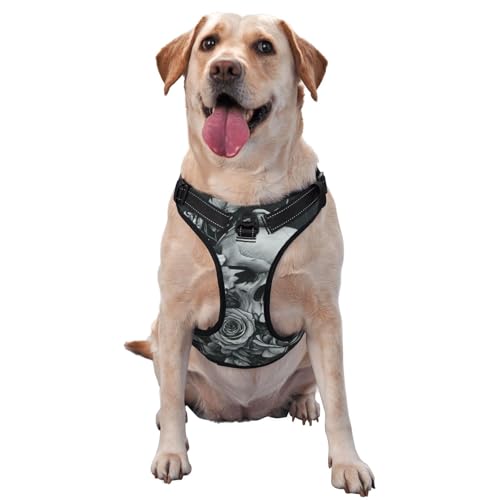 Hundegeschirr mit Totenkopf-Rosen, kein Ziehen, verstellbar, reflektierend, Oxford-Gewebe, einfache Kontrolle, Größe M, L, Schwarz und Weiß von Woshuwo