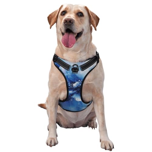 Hundegeschirr mit abstrakter blühender Blume, kein Ziehen, verstellbar, reflektierend, Oxford, einfache Kontrolle, Größe M, L, Blau / Weiß von Woshuwo