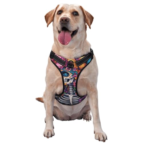 Hundegeschirr mit buntem Blumen- und Schmetterlingsmotiv, kein Ziehen, verstellbar, reflektierend, Oxford-Gewebe, einfache Kontrolle, Größe M und L von Woshuwo