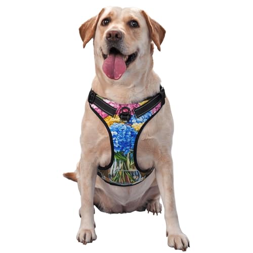 Hundegeschirr mit buntem Hortensienstrauß, klare Glasvase, kein Ziehen, verstellbar, reflektierend, Oxford, einfache Kontrolle, Größe M und L von Woshuwo