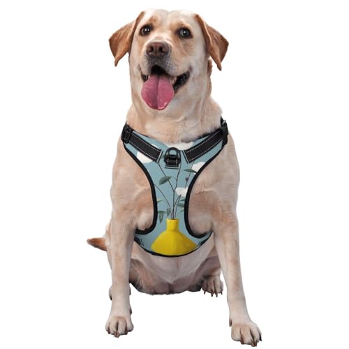 Hundegeschirr mit gelber Vase mit weißen Blumen, kein Ziehen, verstellbar, reflektierend, Oxford-Gewebe, einfache Kontrolle, Größe M und L von Woshuwo