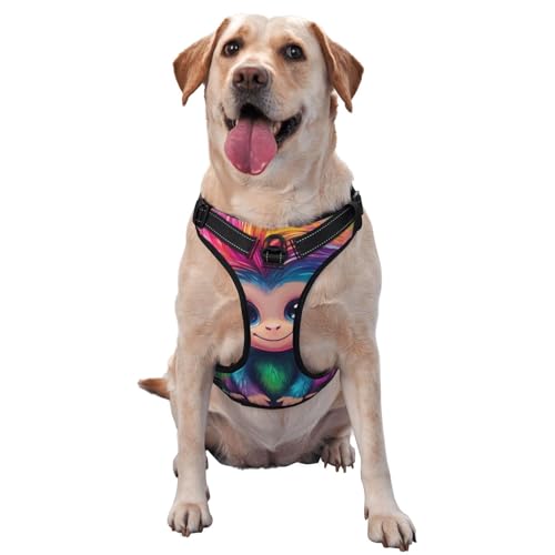 Hundegeschirr mit niedlichem Affe mit Regenbogenhaar, kein Ziehen, verstellbar, reflektierend, Oxford, einfache Kontrolle, Größe M und L von Woshuwo
