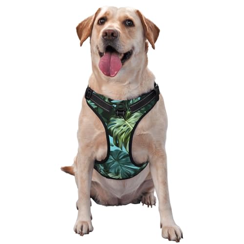 Hundegeschirr mit tropischen Blättern und Pflanzen, kein Ziehen, verstellbar, reflektierend, Oxford, einfache Kontrolle, Größe M und L von Woshuwo