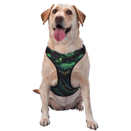 Hundegeschirr mit wütenden Dinosauriern mit grünen Augen, kein Ziehen, verstellbar, reflektierend, Oxford, einfache Kontrolle, Größe M und L von Woshuwo